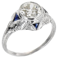 Old European Cut Diamond Sapphire 20K White Gold Engagement Ring