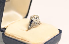 Art Deco Diamond Sapphire Ring. GIA 2.10ct Old Euro Diamond Platinum Ring K VS1