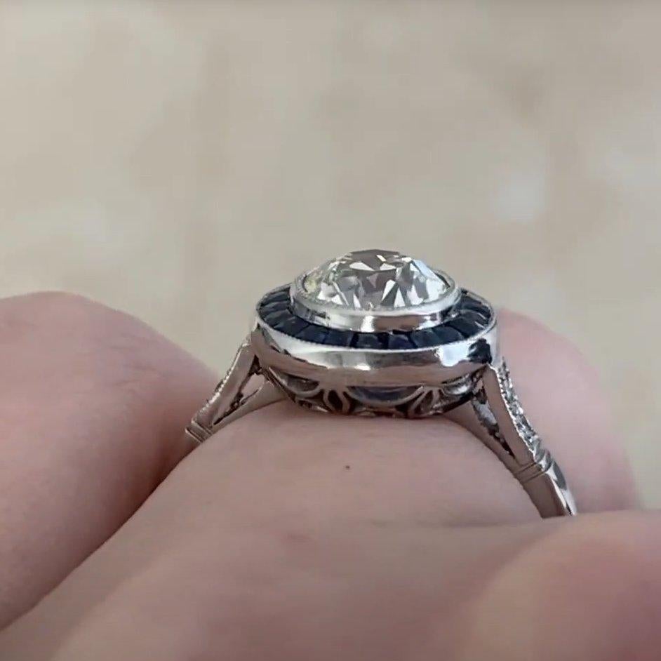 Bague halo de diamants et saphirs de taille européenne ancienne (environ 1,20 carat), platine Pour femmes en vente