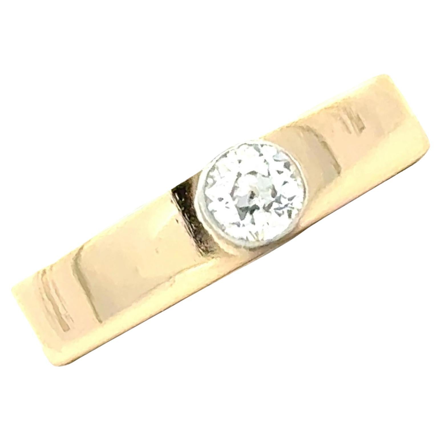 Old European Cut Diamond Solitaire 18 Karat Yellow Gold Vintage Band Ring For Sale