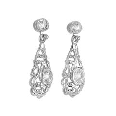 1.10 Carat Old European Cut Diamond Tear Platinum Victorian Dangle Earrings