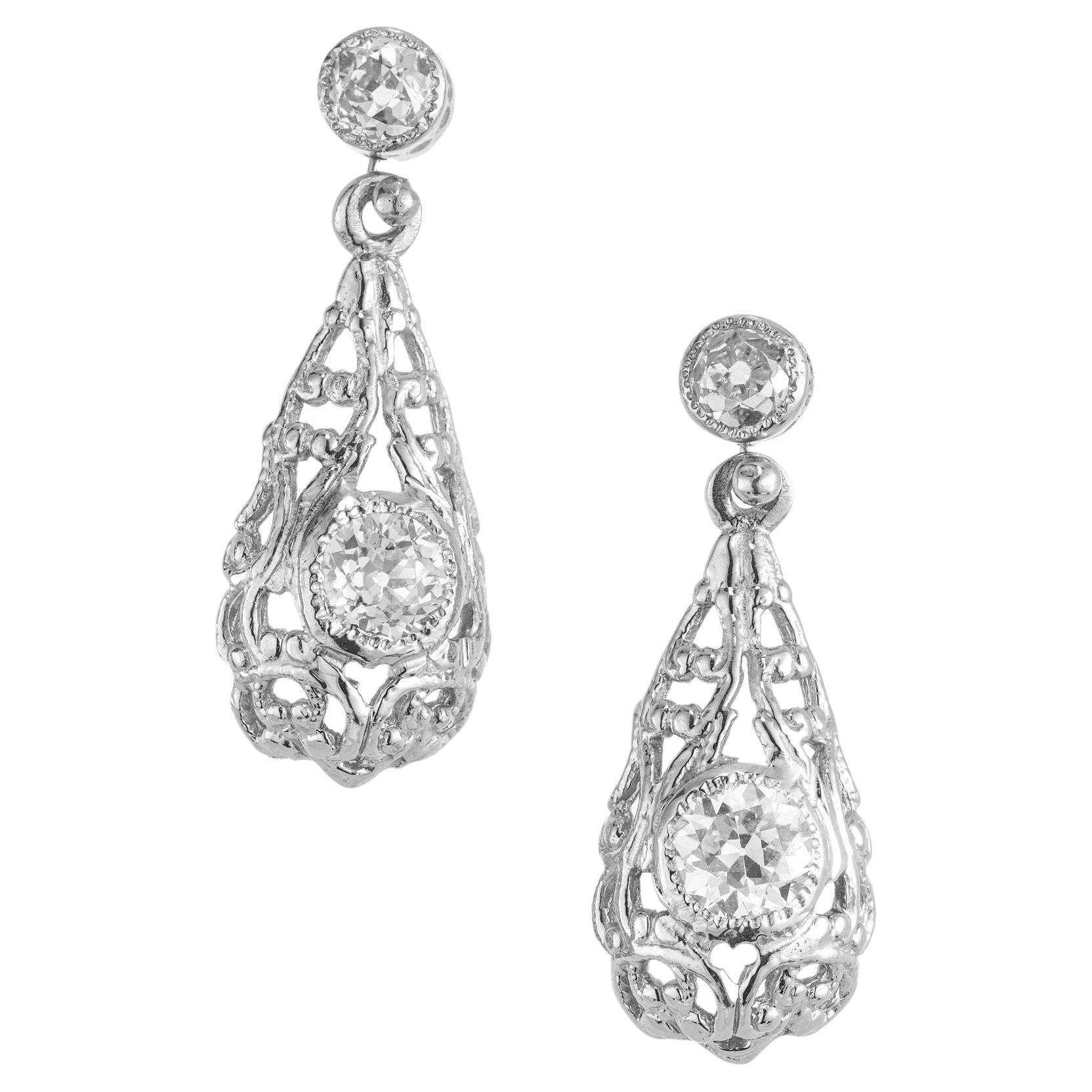 1.10 Carat Old European Cut Diamond Tear Platinum Victorian Dangle Earrings