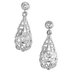 1.10 Carat Old European Cut Diamond Tear Platinum Victorian Dangle Earrings