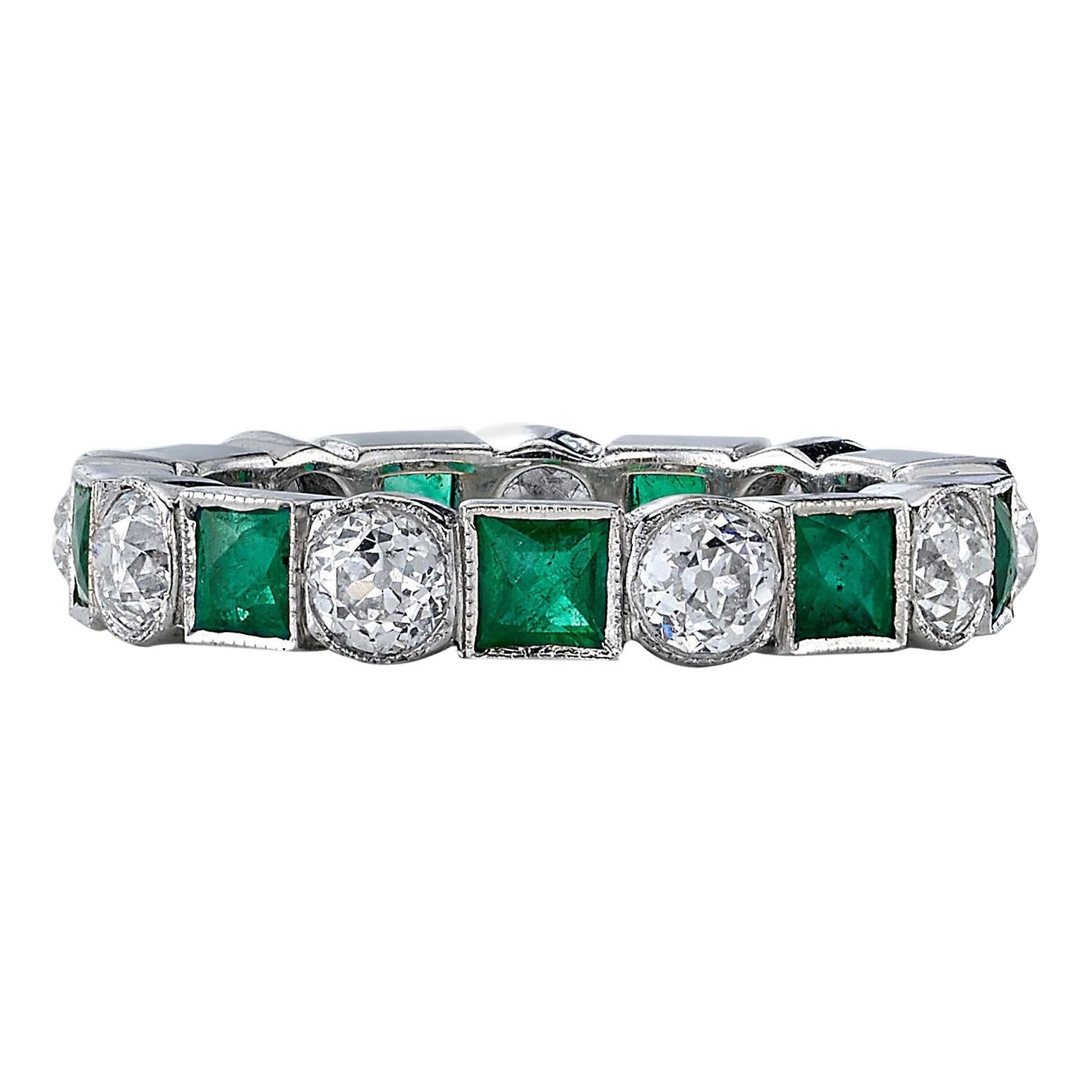 For Sale:  Handcrafted Brecken European Cut Diamond/Square Cut Emerald Band by Single Stone