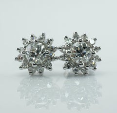 Old European Cut Diamonds Earrings 14K White Gold Studs 1.72cttw
