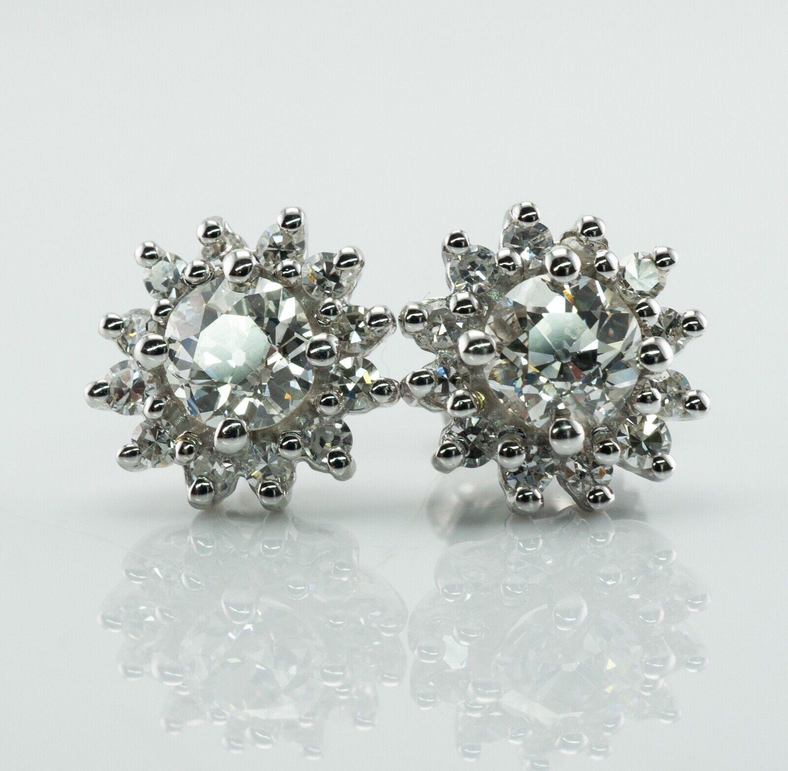 Women's Old European Cut Diamonds Earrings 14K White Gold Studs 1.72cttw For Sale
