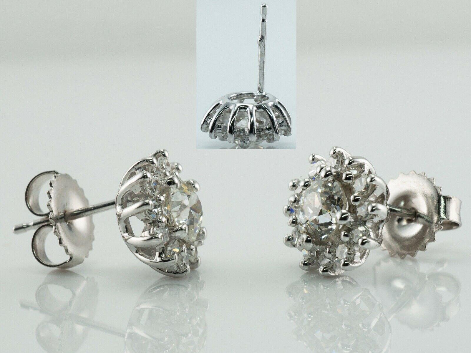 Old European Cut Diamonds Earrings 14K White Gold Studs 1.72cttw For Sale 1