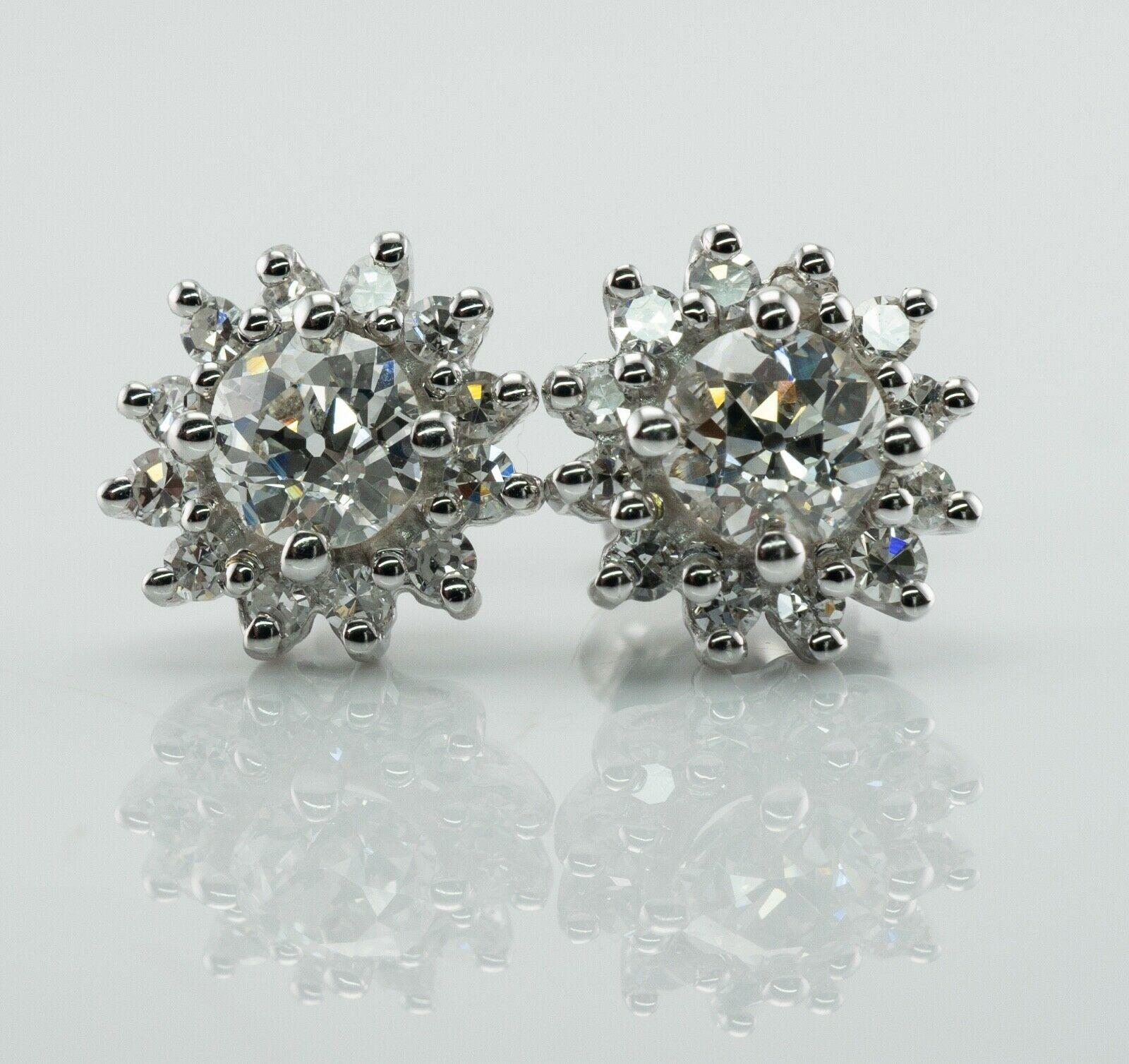 Clous d'oreilles en or blanc 14 carats avec diamants taille vieille Europe 1,72 carat poids total en vente 2