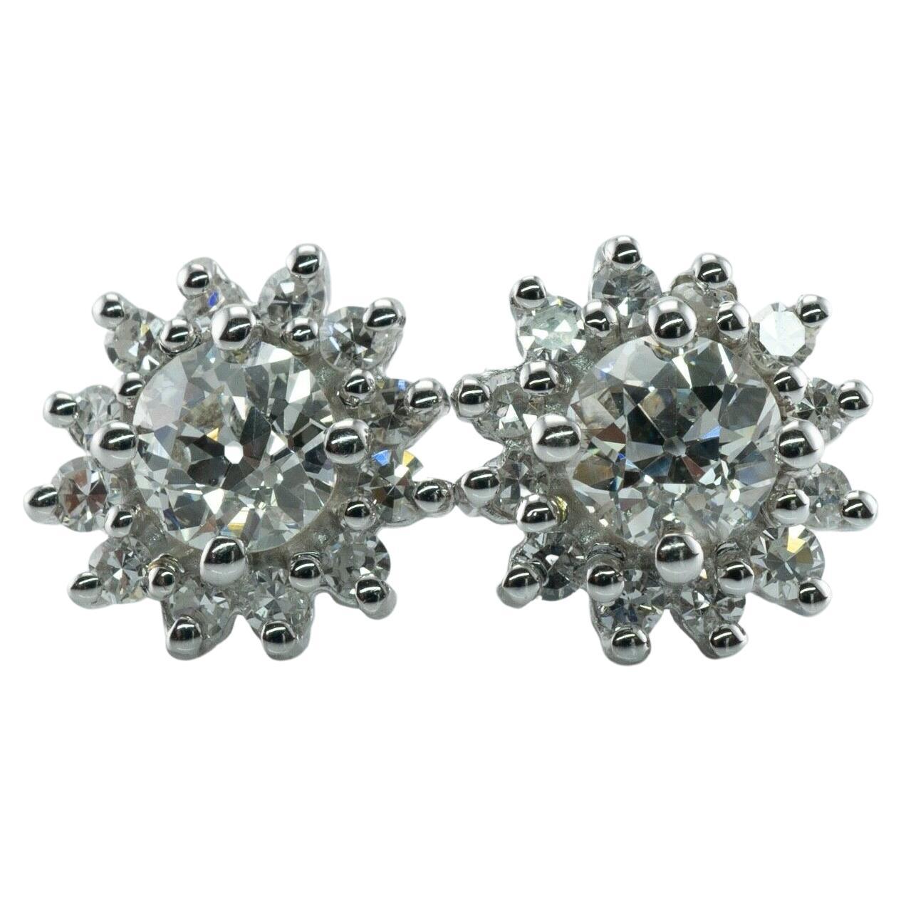 Old European Cut Diamonds Earrings 14K White Gold Studs 1.72cttw