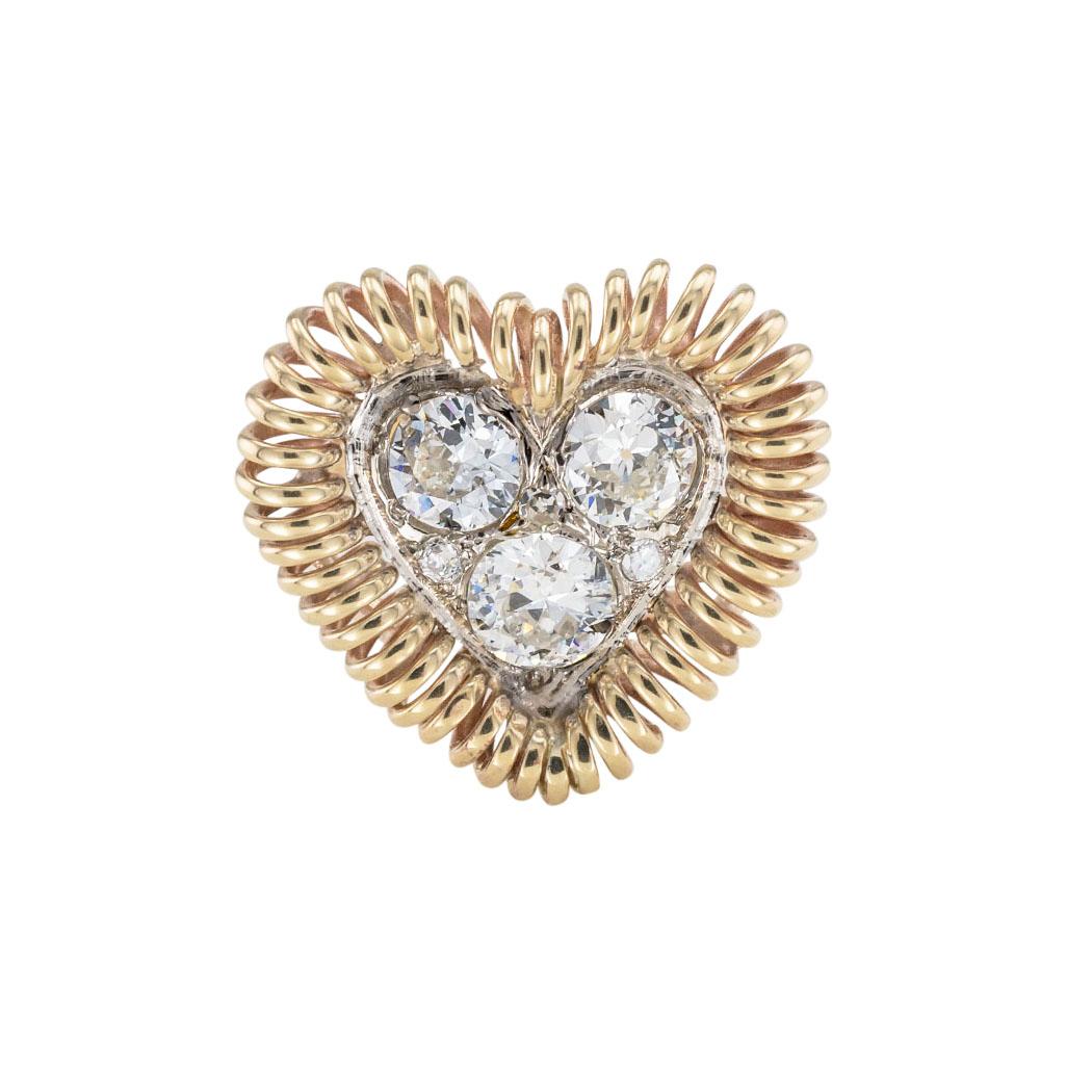 Old European Cut Diamonds Yellow Gold Heart Ring In Good Condition In Los Angeles, CA