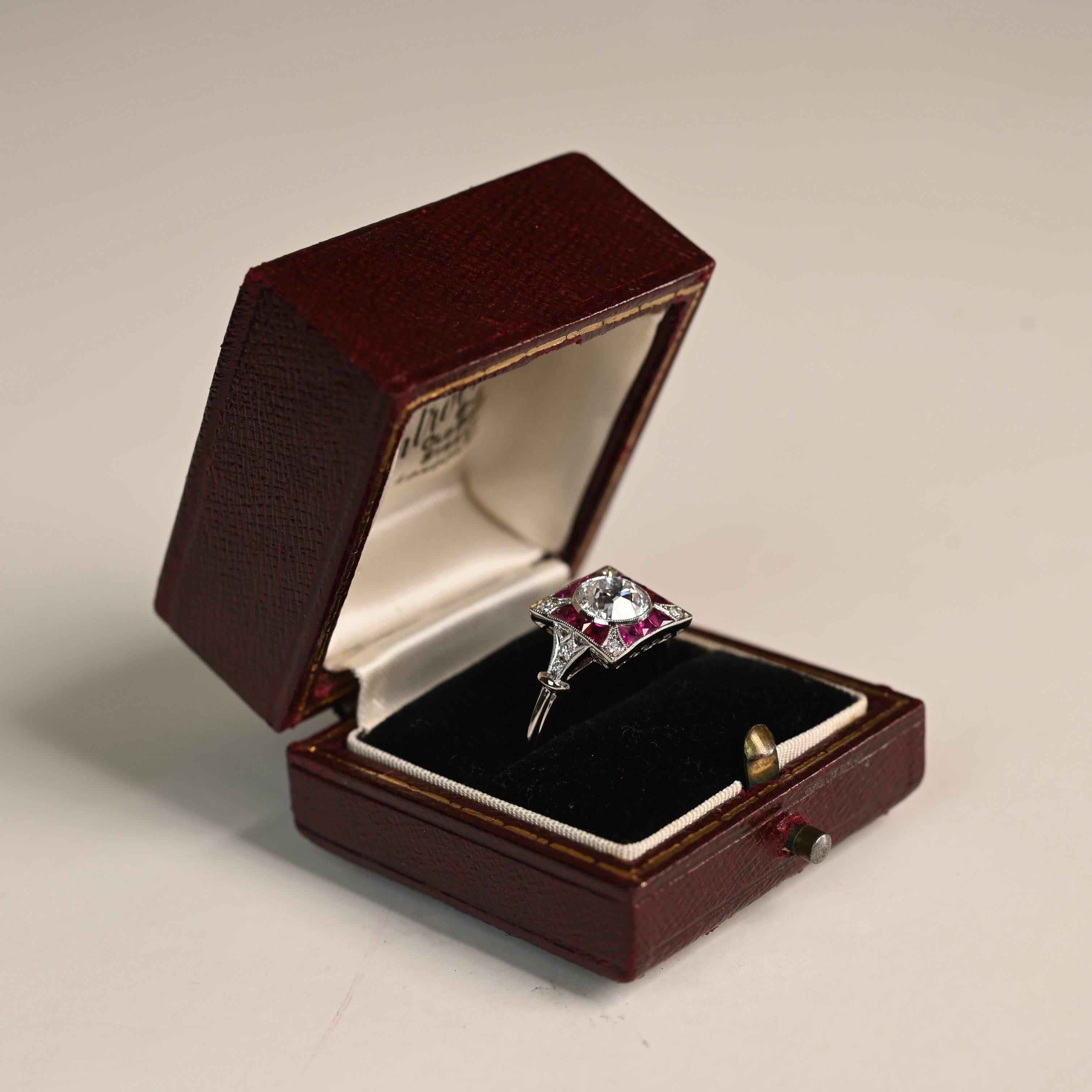 Art Deco Old European Cut (GIA Approx 1.20-Carats) Diamond with Ruby Ring, Platinum For Sale