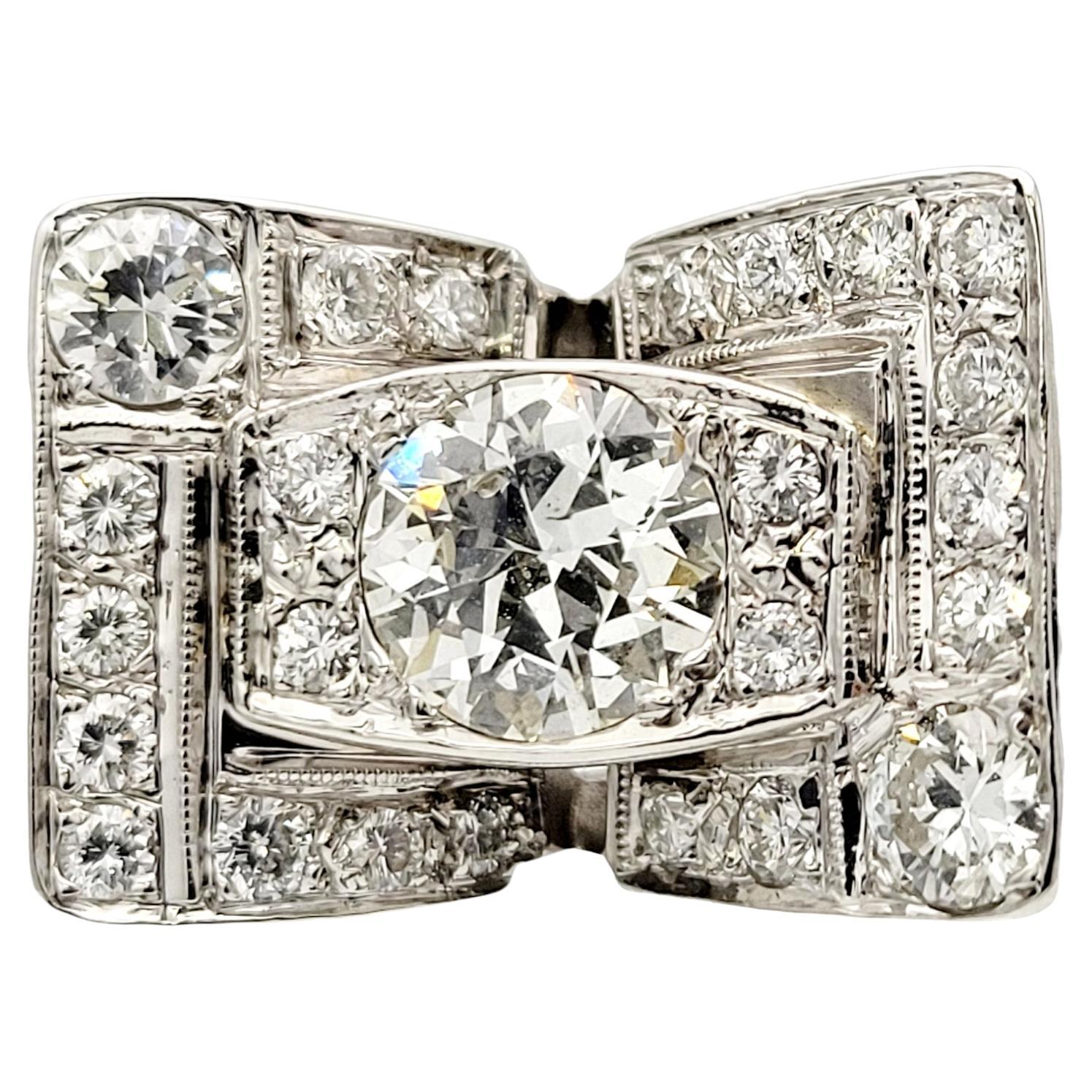 Old European Cut & Round Brilliant Diamond Cocktail Ring in 14 Karat White Gold For Sale