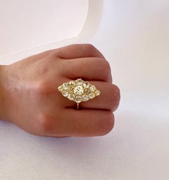 Bague en grappe avec diamants de 5 carats taille « Old European Cut » en forme de navette/marquise - Or jaune 18 carats