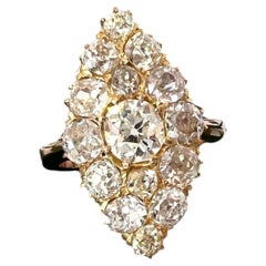 Bague en grappe avec diamants de 5 carats taille « Old European Cut » en forme de navette/marquise - Or jaune 18 carats