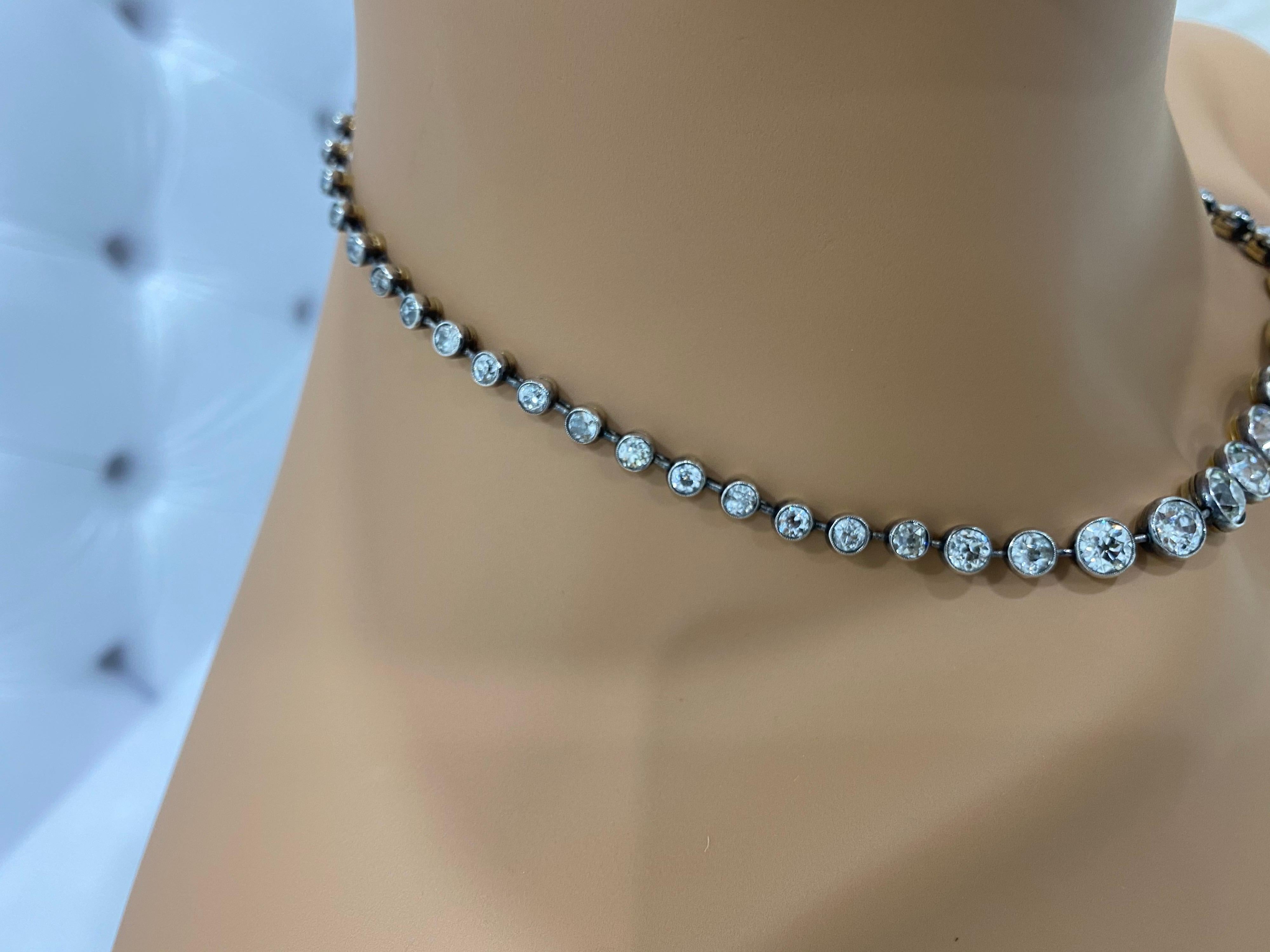 Platinum/18 Karat Old European Diamond 25 Carat Riviera Necklace In Excellent Condition In New York, NY