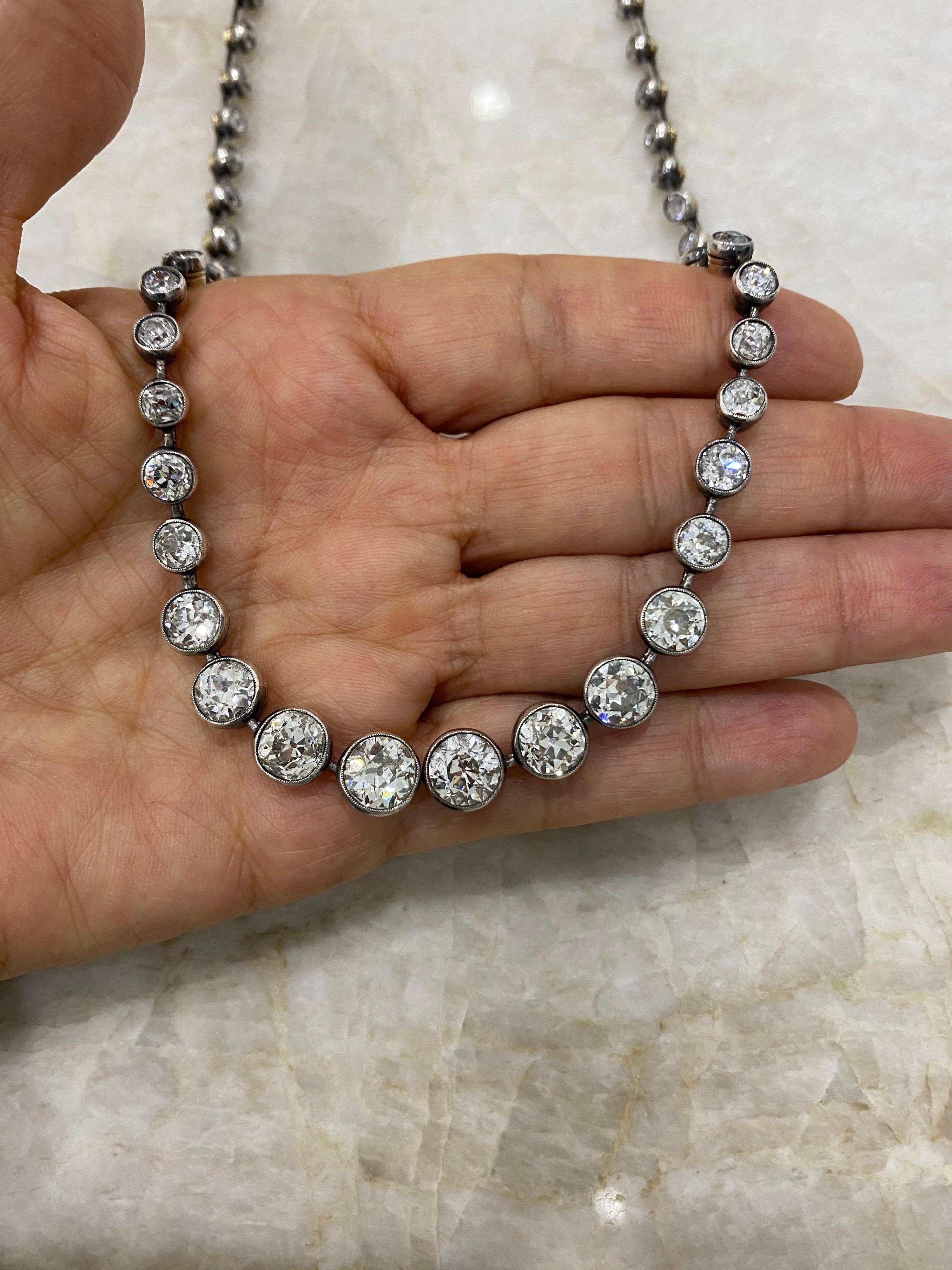 Women's or Men's Platinum/18 Karat Old European Diamond 25 Carat Riviera Necklace