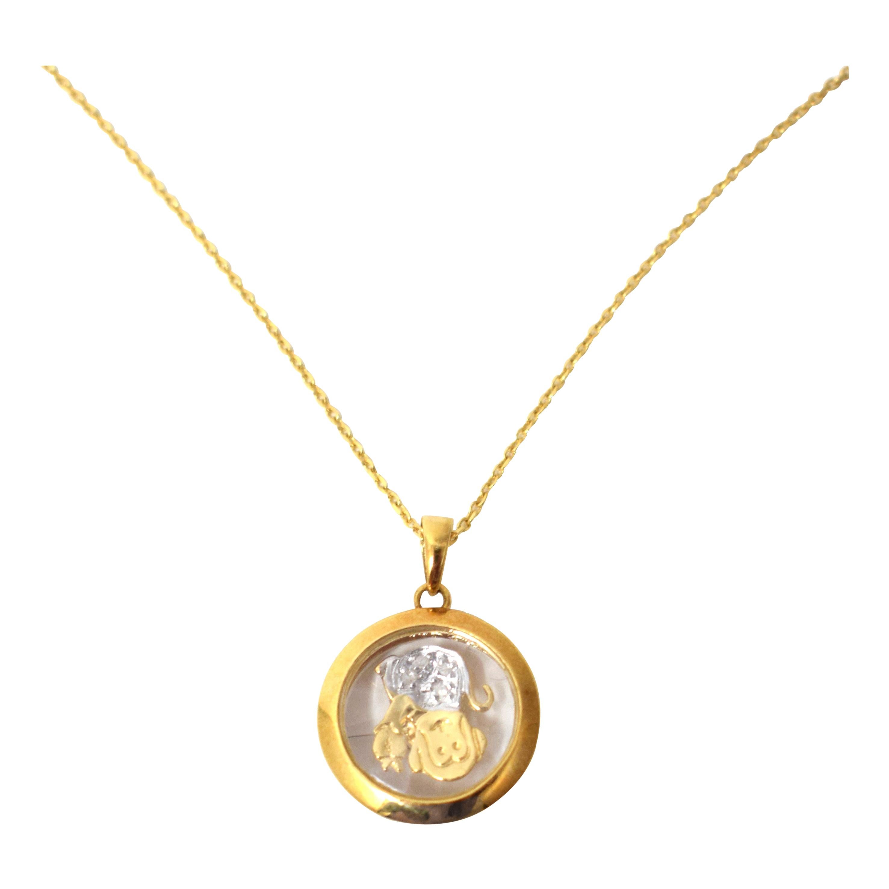 Old European Diamond 18 Yellow Gold Estate Twirling Monkey Pendant Necklace