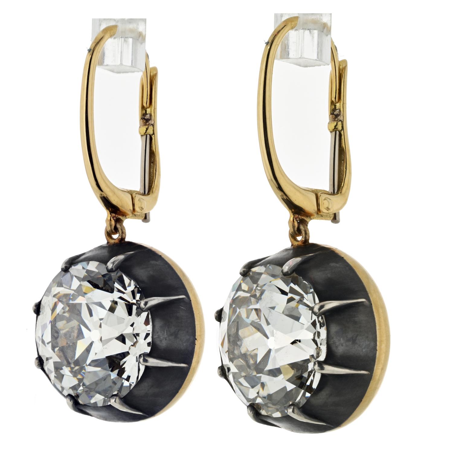 Old European Diamond 5 Carat Each Dangle Drop Earrings In Excellent Condition For Sale In New York, NY