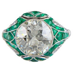 Old European Diamond and Emerald Engagement Ring Platinum