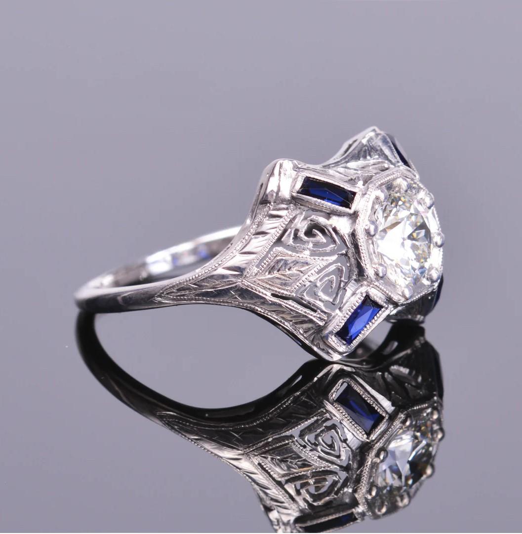 Old European Cut Old European Diamond and Sapphire Baguette Antique Art Deco Ring (Estate) For Sale