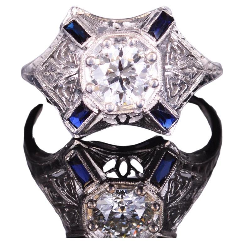 Old European Diamond and Sapphire Baguette Antique Art Deco Ring (Estate) For Sale