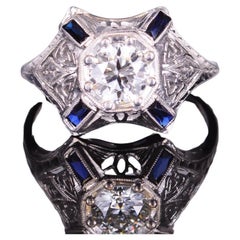 Old European Diamond and Sapphire Baguette Antique Art Deco Ring (Estate)