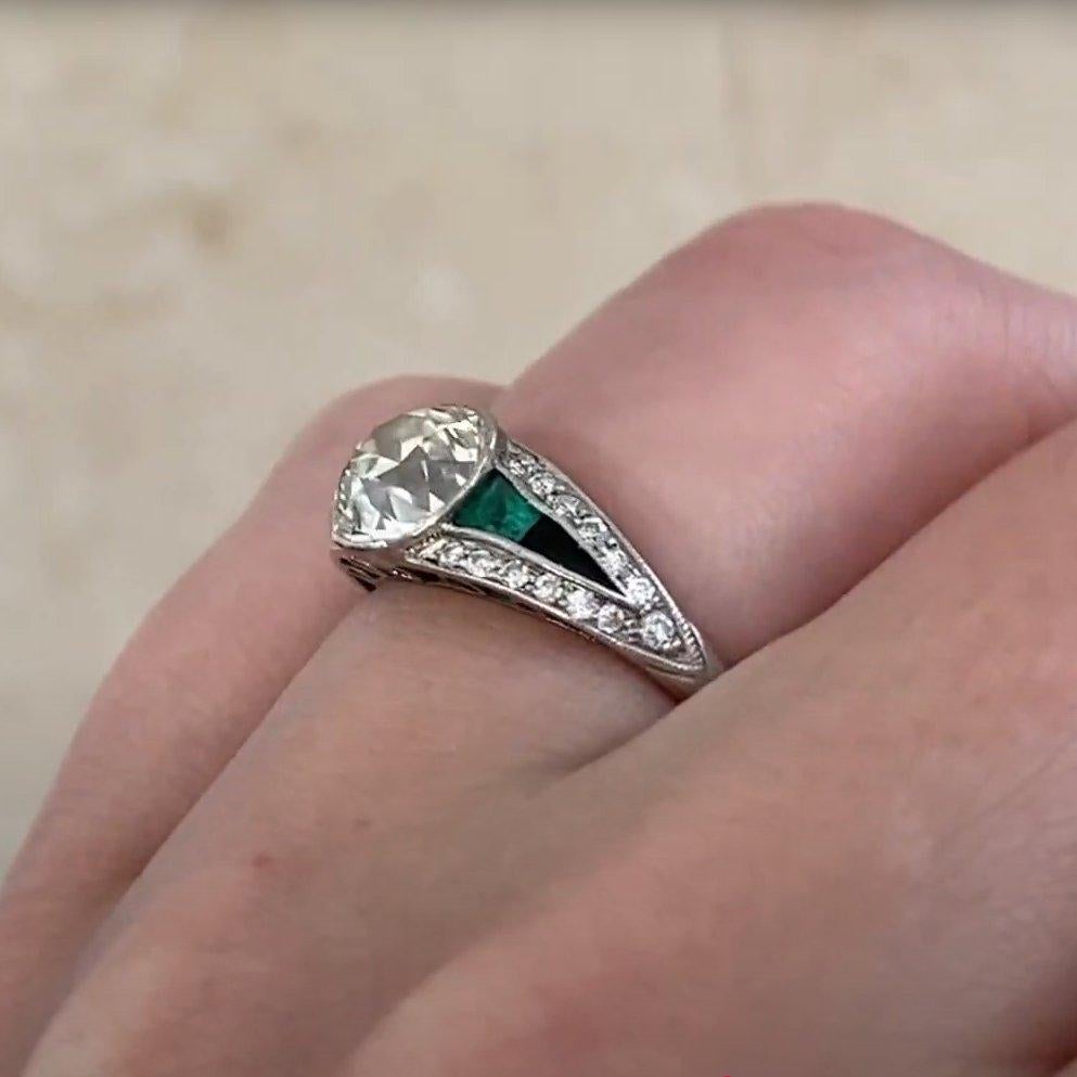 Art Deco Old European Diamond (Approx 1.70-Carats) with Emerald and Onyx Cluster Ring For Sale