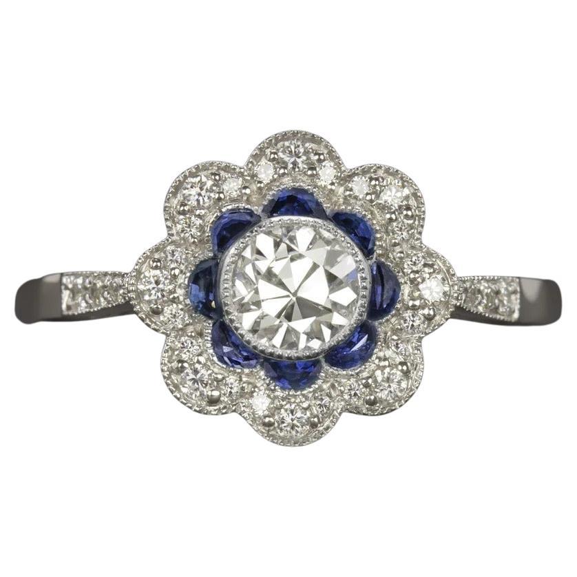 Old European Diamond Blue Sapphire Cocktail Ring
