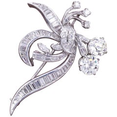 Old European Diamond Brooch with Baguette Cuts in Platinum