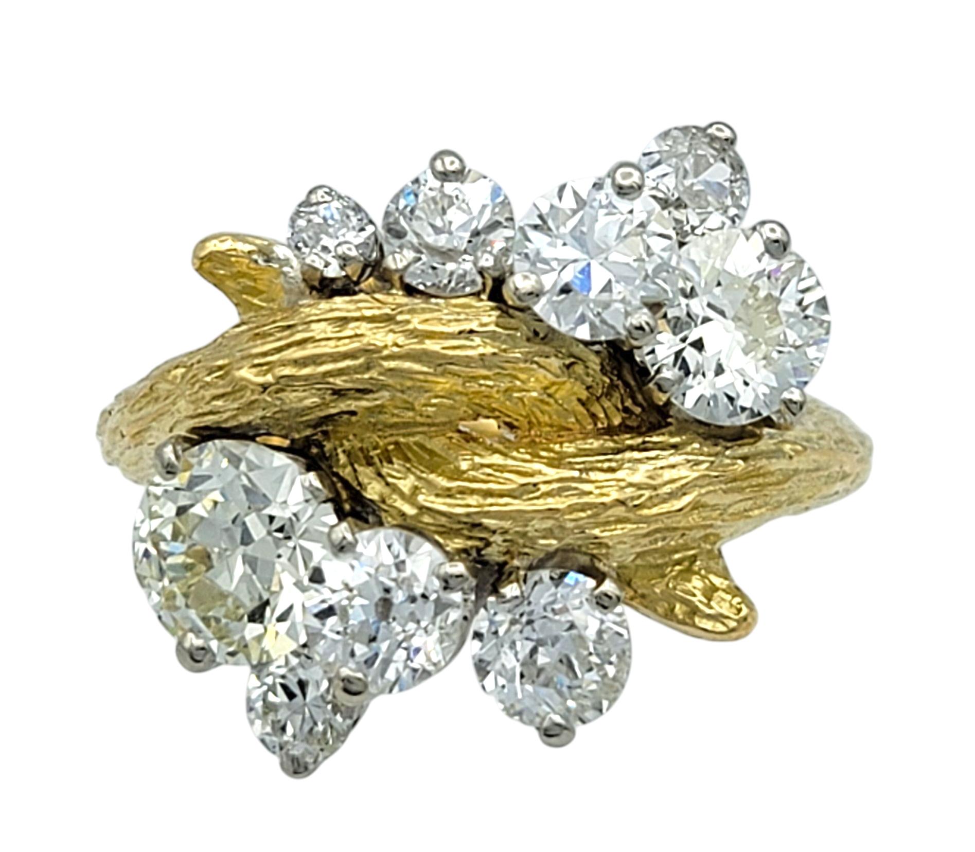 Anello da cocktail Faux Boi con cluster di diamanti europei antichi in oro 18 carati testurizzato In condizioni buone in vendita a Scottsdale, AZ