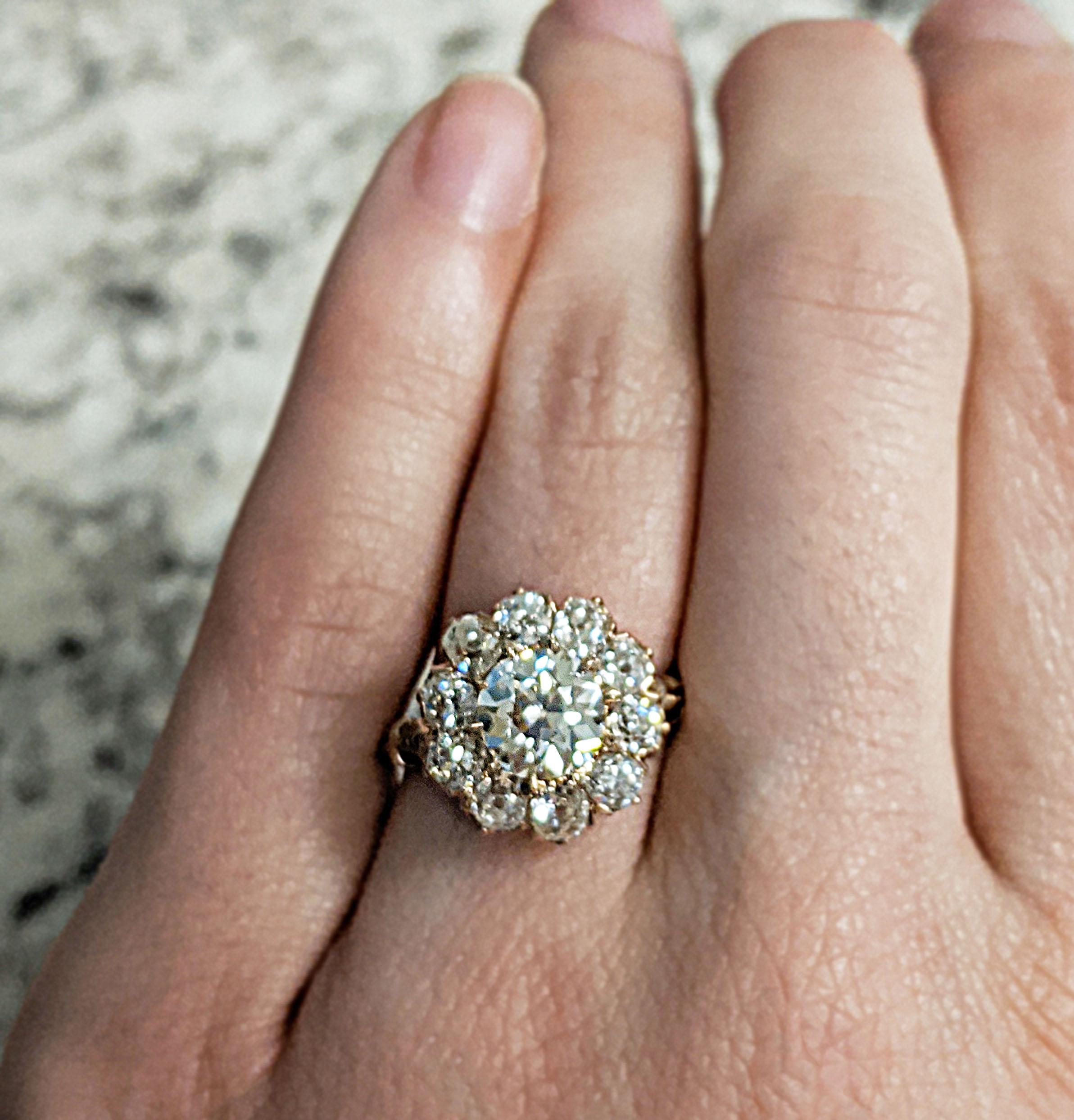 Old European Diamond Cluster Ring In Good Condition In NEW ORLEANS, LA