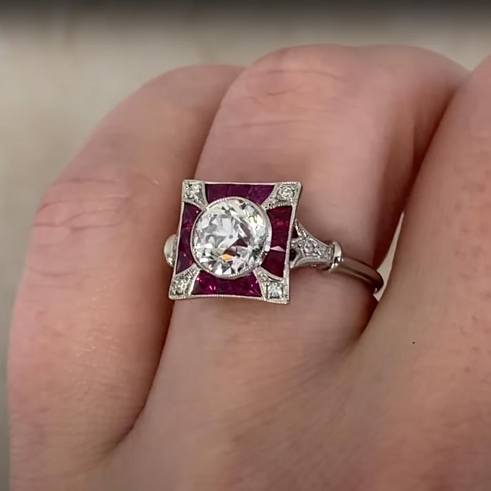 Art déco Bague en platine avec diamant et rubis de taille européenne ancienne (GIA : environ 1,20 carats) en vente
