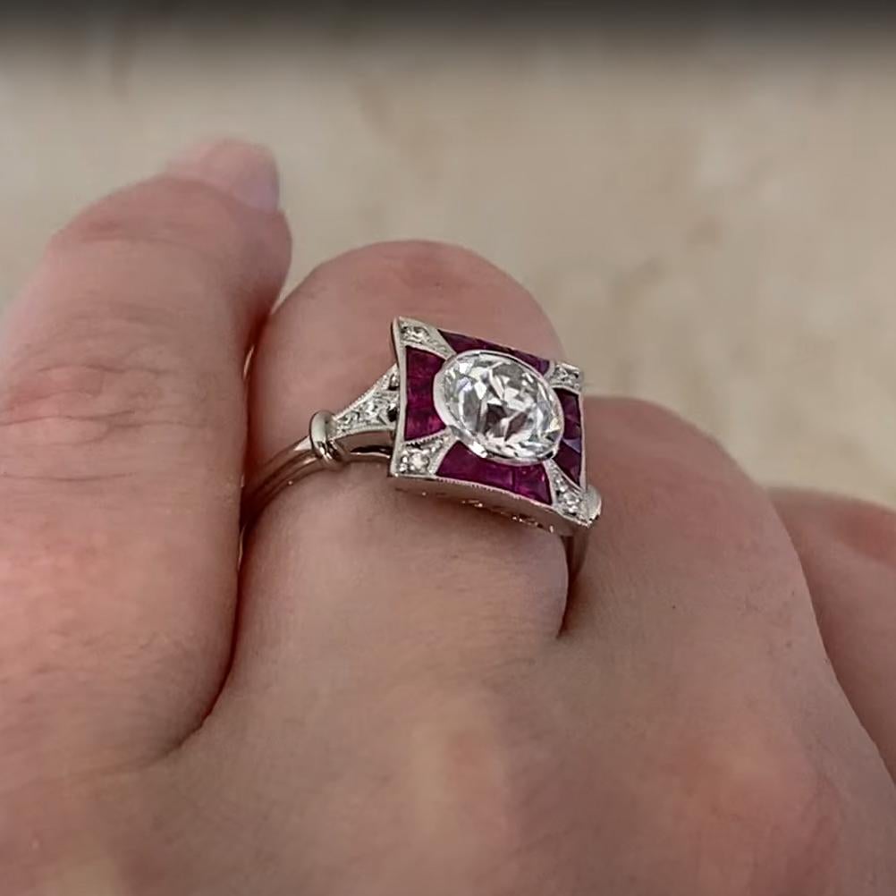 Bague en platine avec diamant et rubis de taille européenne ancienne (GIA : environ 1,20 carats) Excellent état - En vente à New York, NY