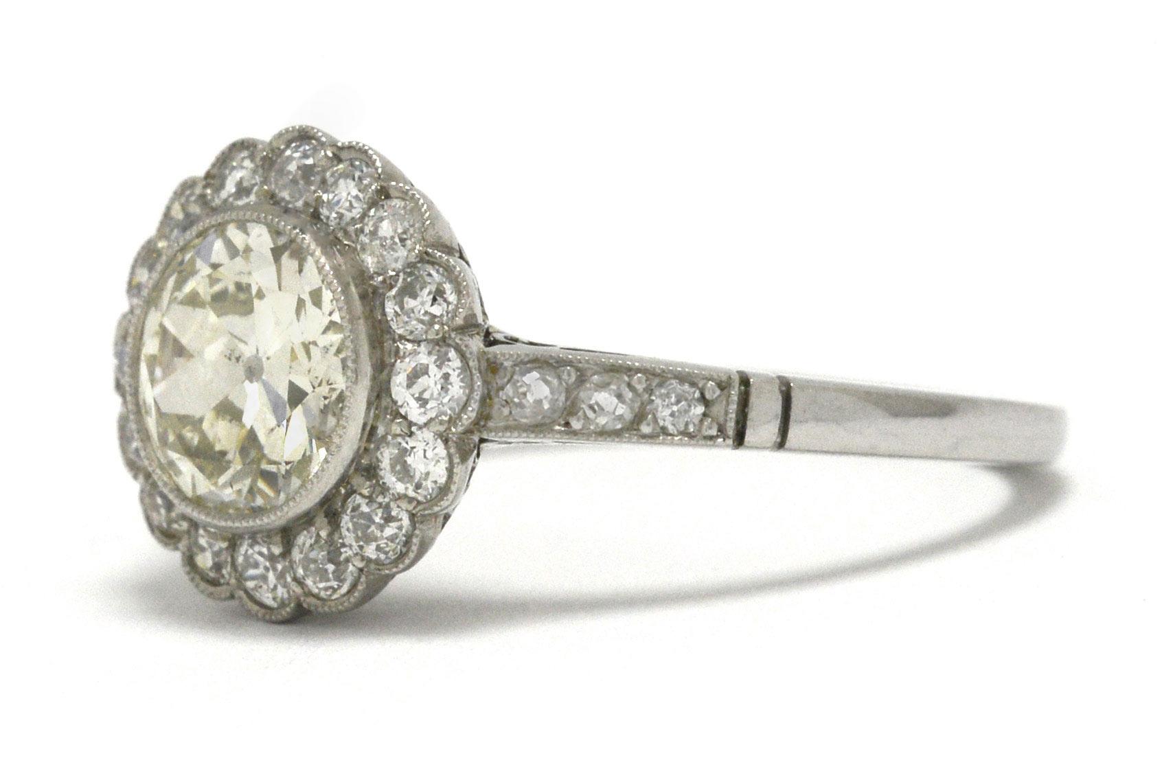 Old European Cut Old European Diamond Engagement Ring 1.64 Carats Flower Cluster Platinum Halo