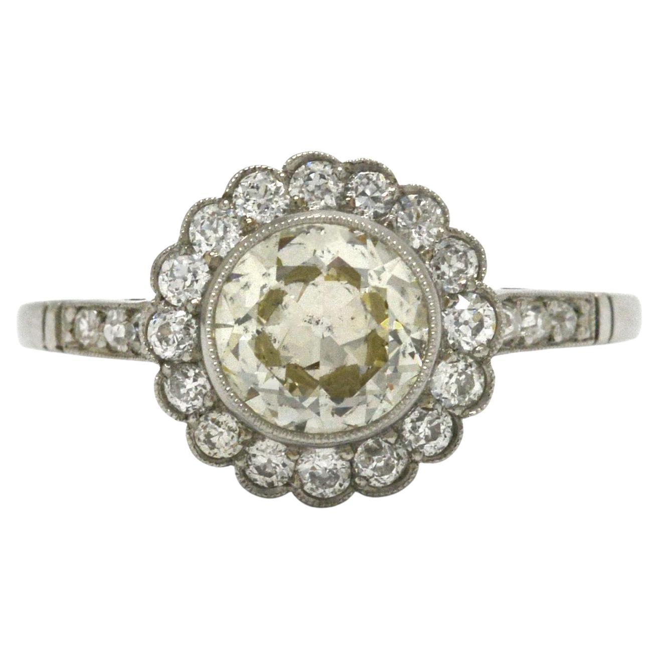 Old European Diamond Engagement Ring 1.64 Carats Flower Cluster Platinum Halo