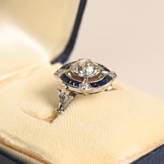 Old Euro Diamond and Sapphire Engagement Ring. 1.30ct Halo Platinum Ring J VS2
