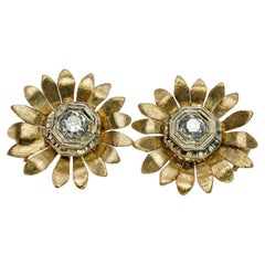 Old European Diamond Flower Earrings 14K Gold Vintage .80 TDW