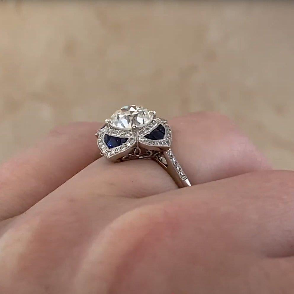Art Deco Old European Diamond (GIA Approx 1.20-Carats) with Sapphire Ring, Platinum For Sale