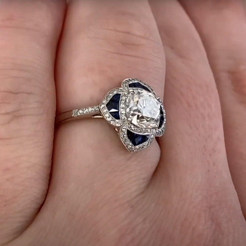 Old European Cut Old European Diamond (GIA Approx 1.20-Carats) with Sapphire Ring, Platinum For Sale