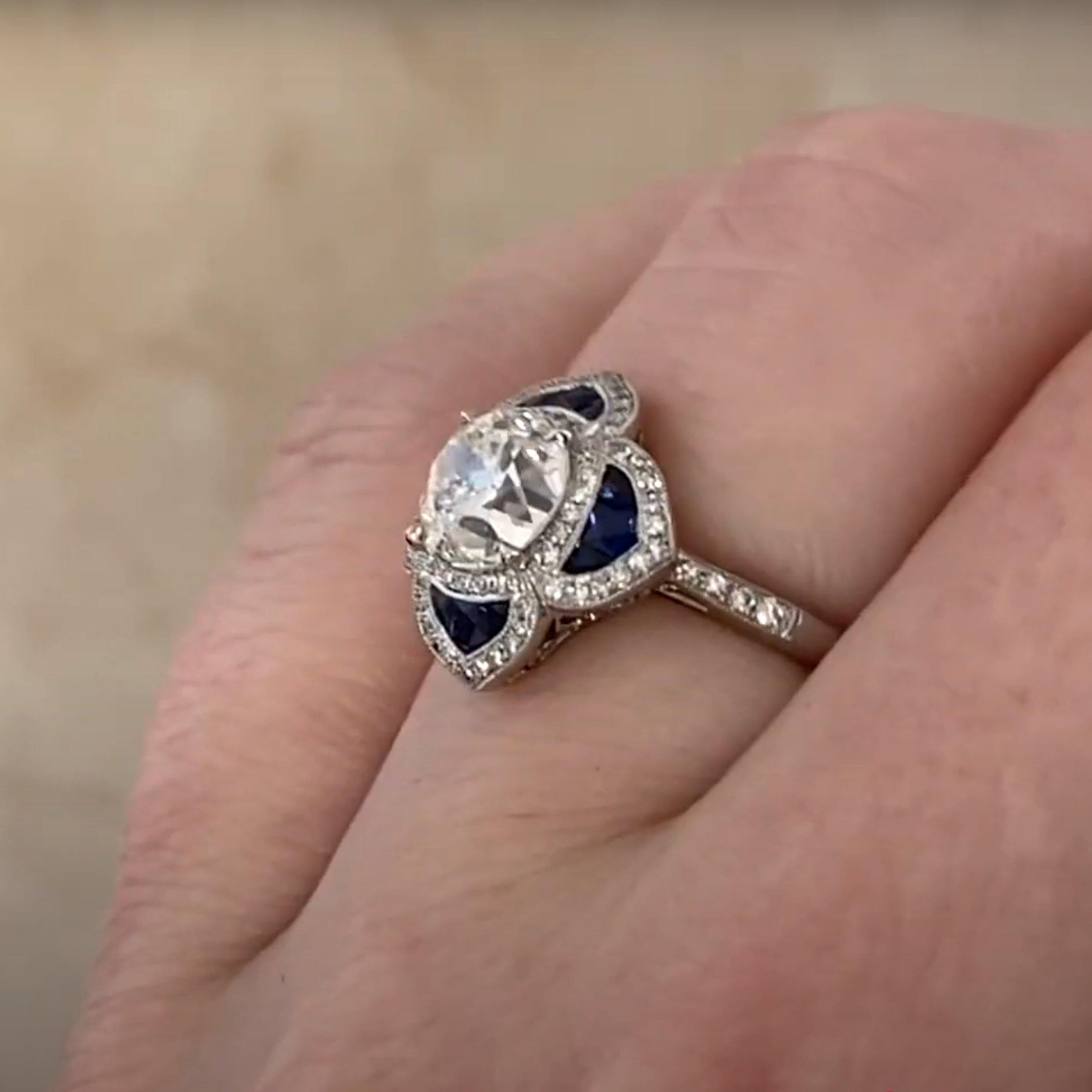 Old European Diamond (GIA Approx 1.20-Carats) with Sapphire Ring, Platinum In Excellent Condition For Sale In New York, NY