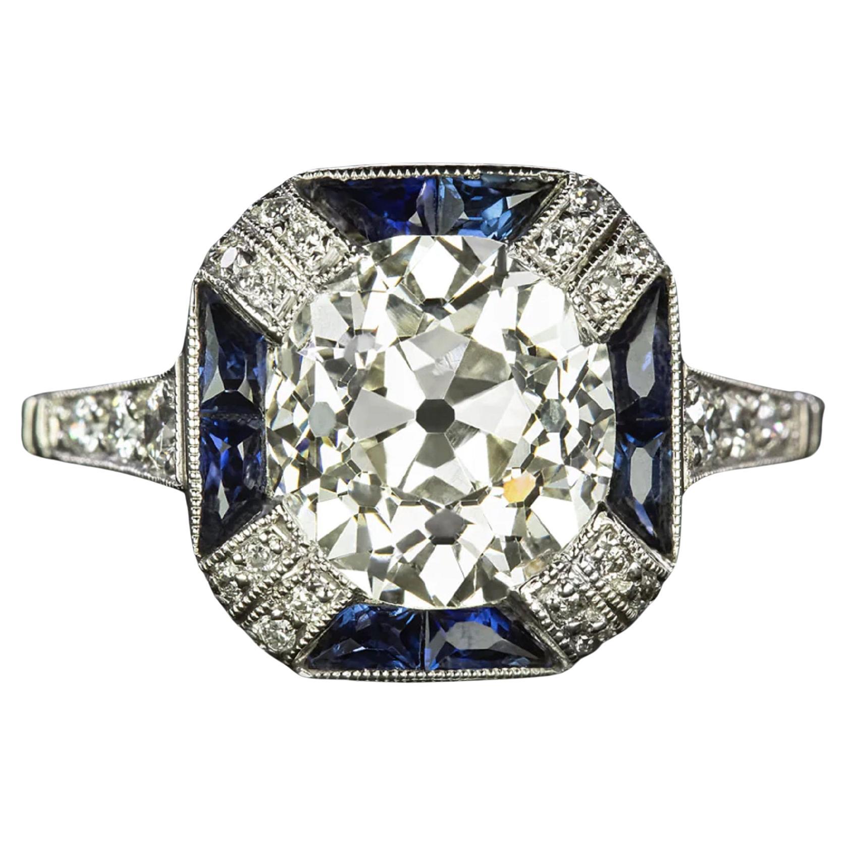2,47 Karat Old Mine Cut Diamant Saphir Art Deco Vintage Stil Platin Ring im Angebot