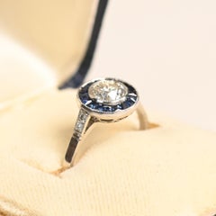 Classic Engagement Ring. 070ct Old Euro Cut Diamond Sapphire Halo Ring J SI2