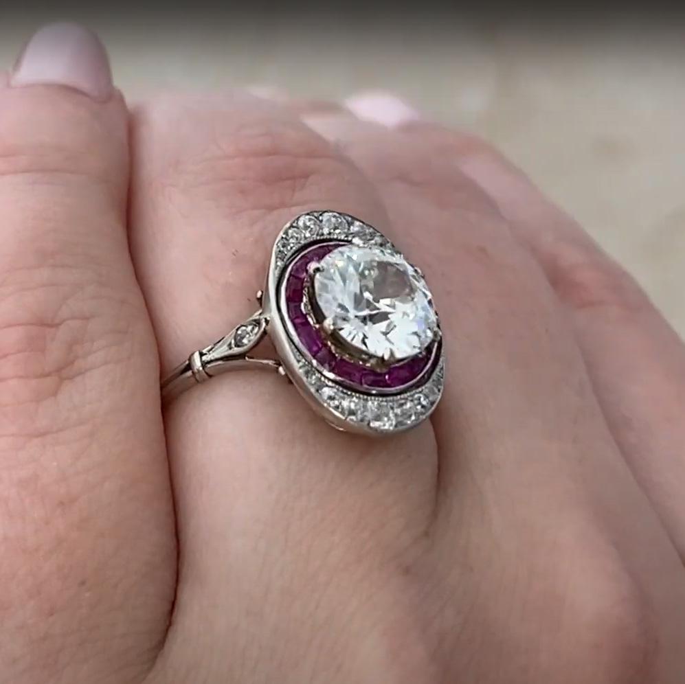 Old European Diamond Halo (Approx 2.10-Carats), Ruby-Diamond Halo Ring, Platinum In Excellent Condition For Sale In New York, NY