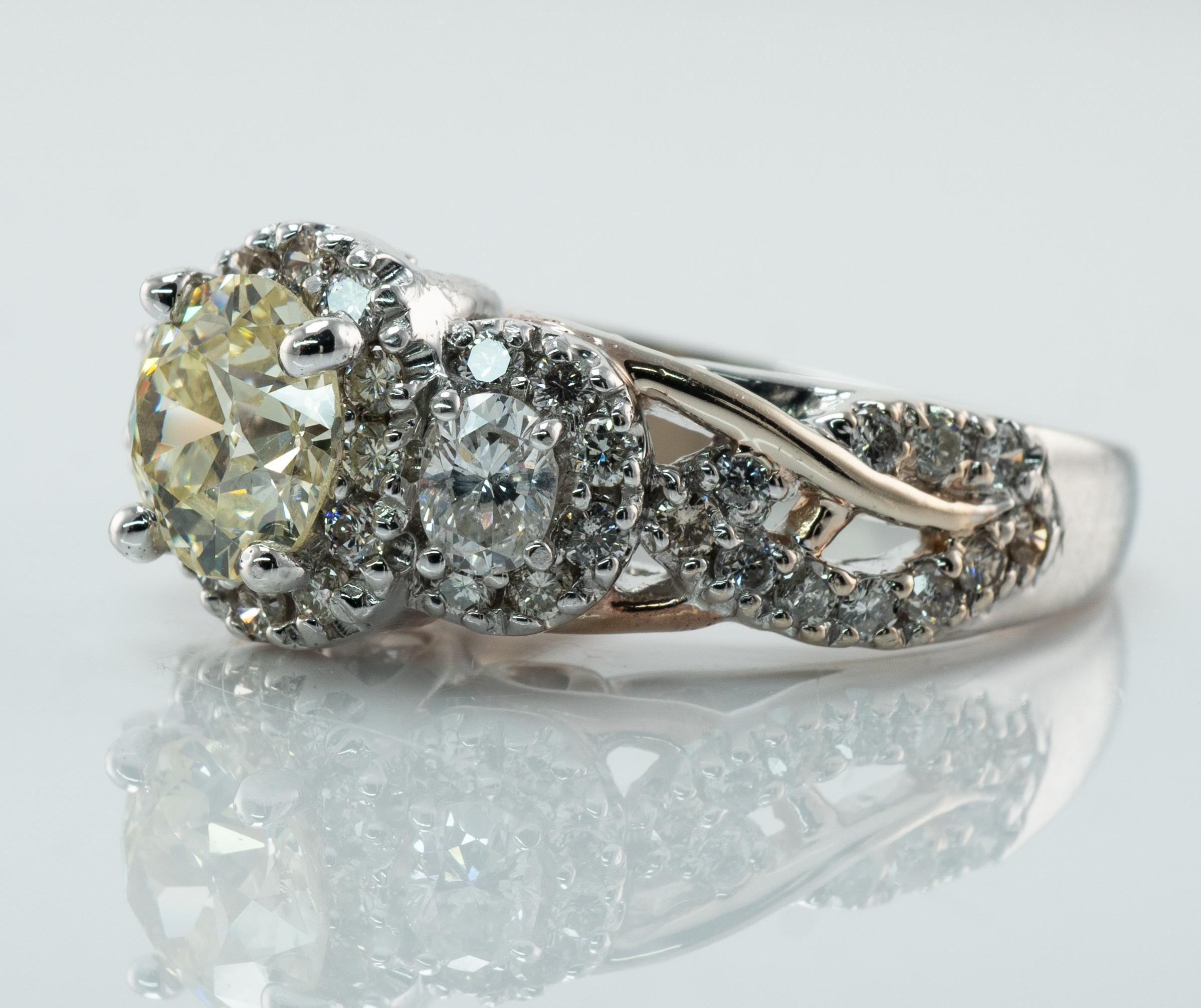 Women's Old European Diamond Ring 2.14 TDW 14K White Gold Engagement Wedding Vintage For Sale