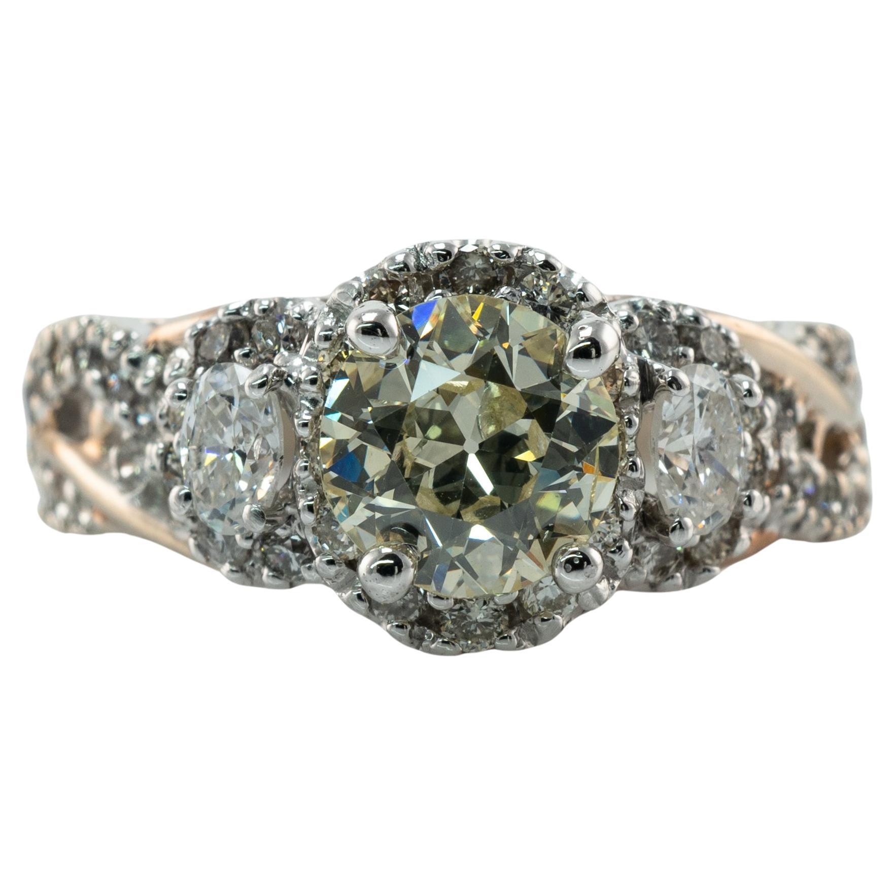 Old European Diamond Ring 2.14 TDW 14K White Gold Engagement Wedding Vintage For Sale