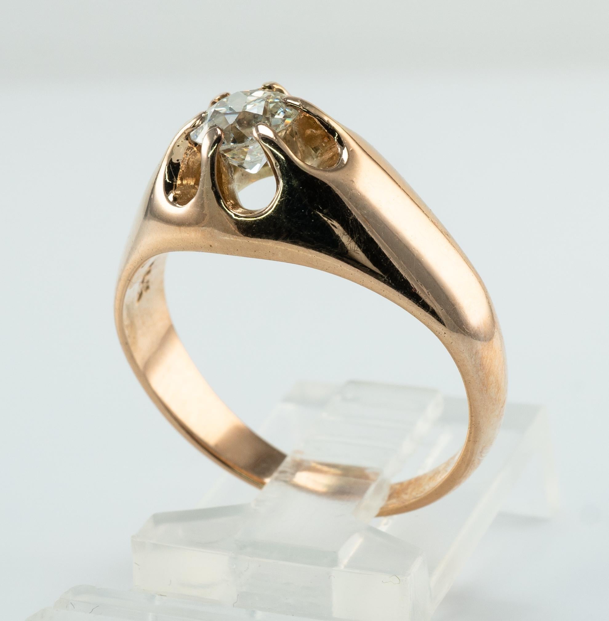 Old European Diamond Ring .70 Carat Solitaire Mens 14k Gold Band Vintage For Sale 4