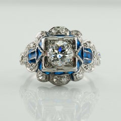 Old European Diamond Ring Blue Enamel 14K White Gold .75 carat