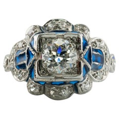 Bague ancienne en diamant européen émail bleu or blanc 14K .75 carat