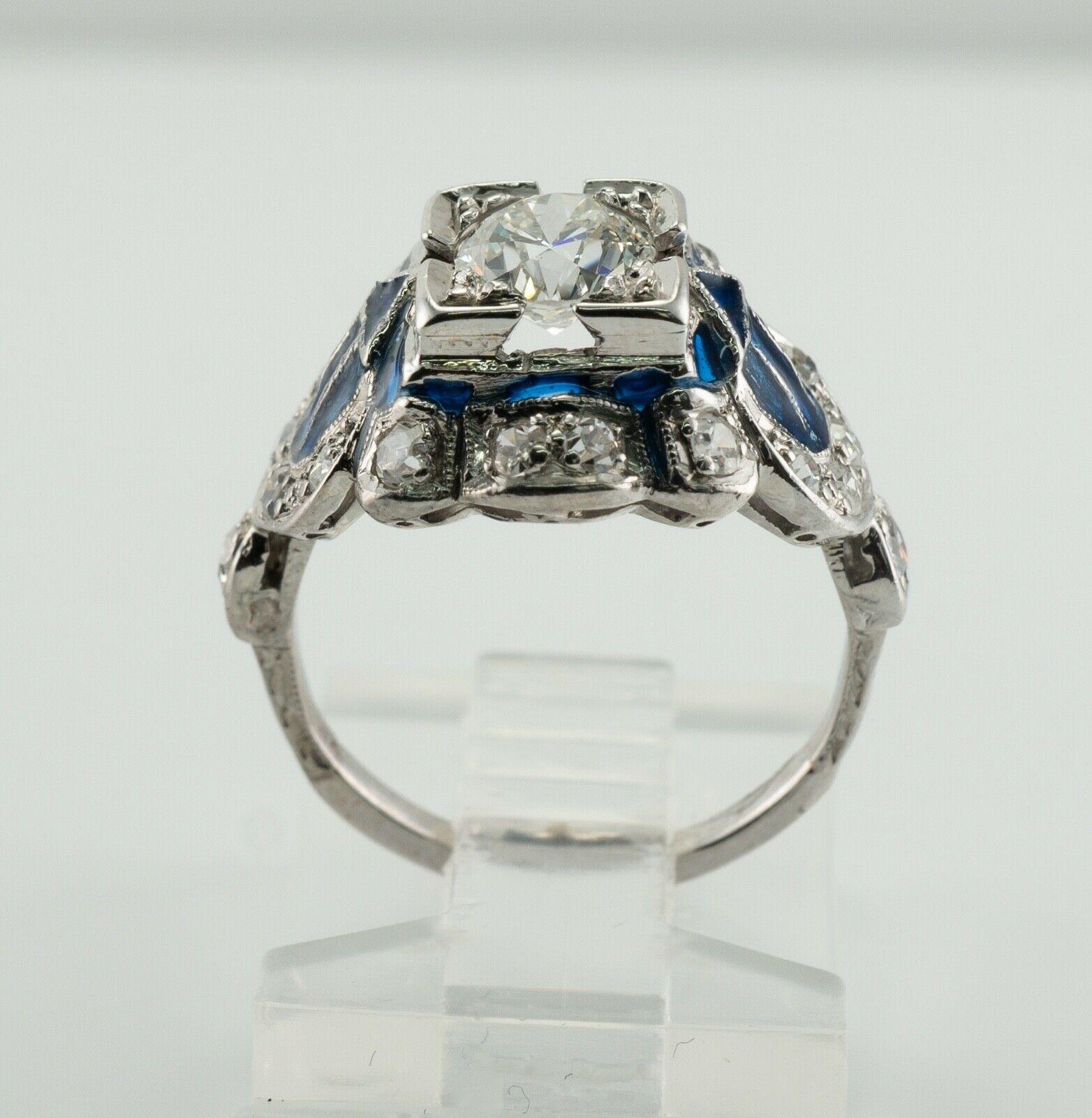 Old European Diamond Ring Blue Enamel 14K White Gold For Sale 5