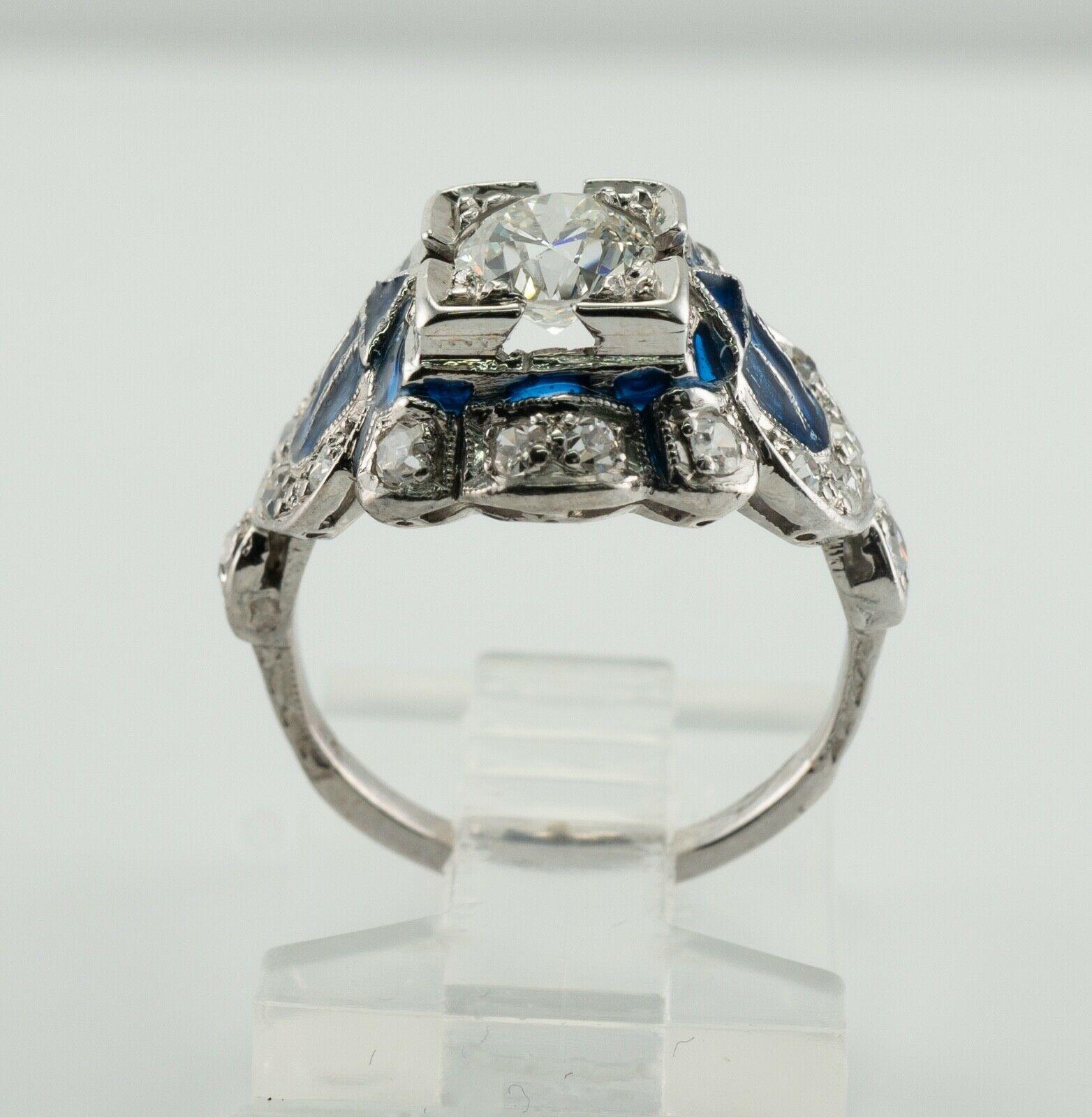 Ancienne bague européenne en or blanc 14 carats avec diamants et émail bleu en vente 5